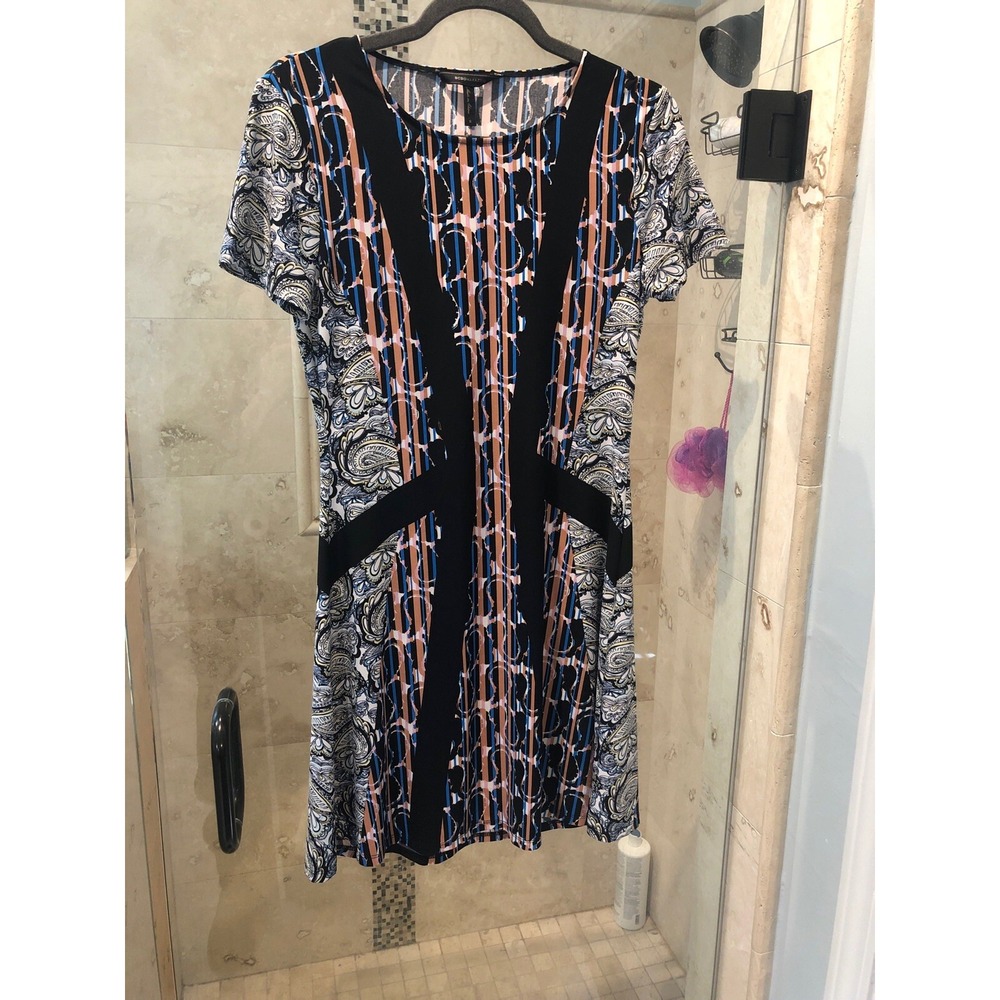 BCBG MAXAZRIA BLACK COMBO JERSEY DRESS small NWOT $178 - Flattering Print